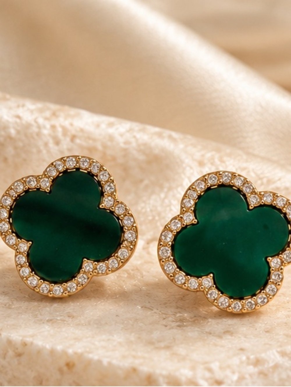 Designer Inspired Emerald GreenClover Rhinestone Stud Earrings with Gold Tone